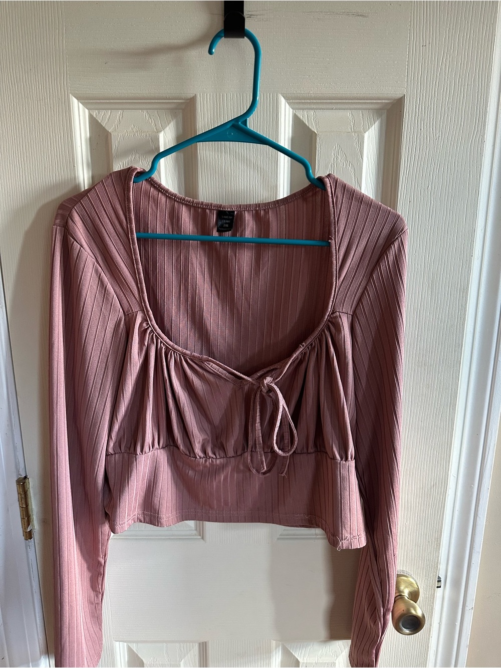 SHEIN Dusty Mauve Ribbed Cropped Long Sleeve Top with Front Tie